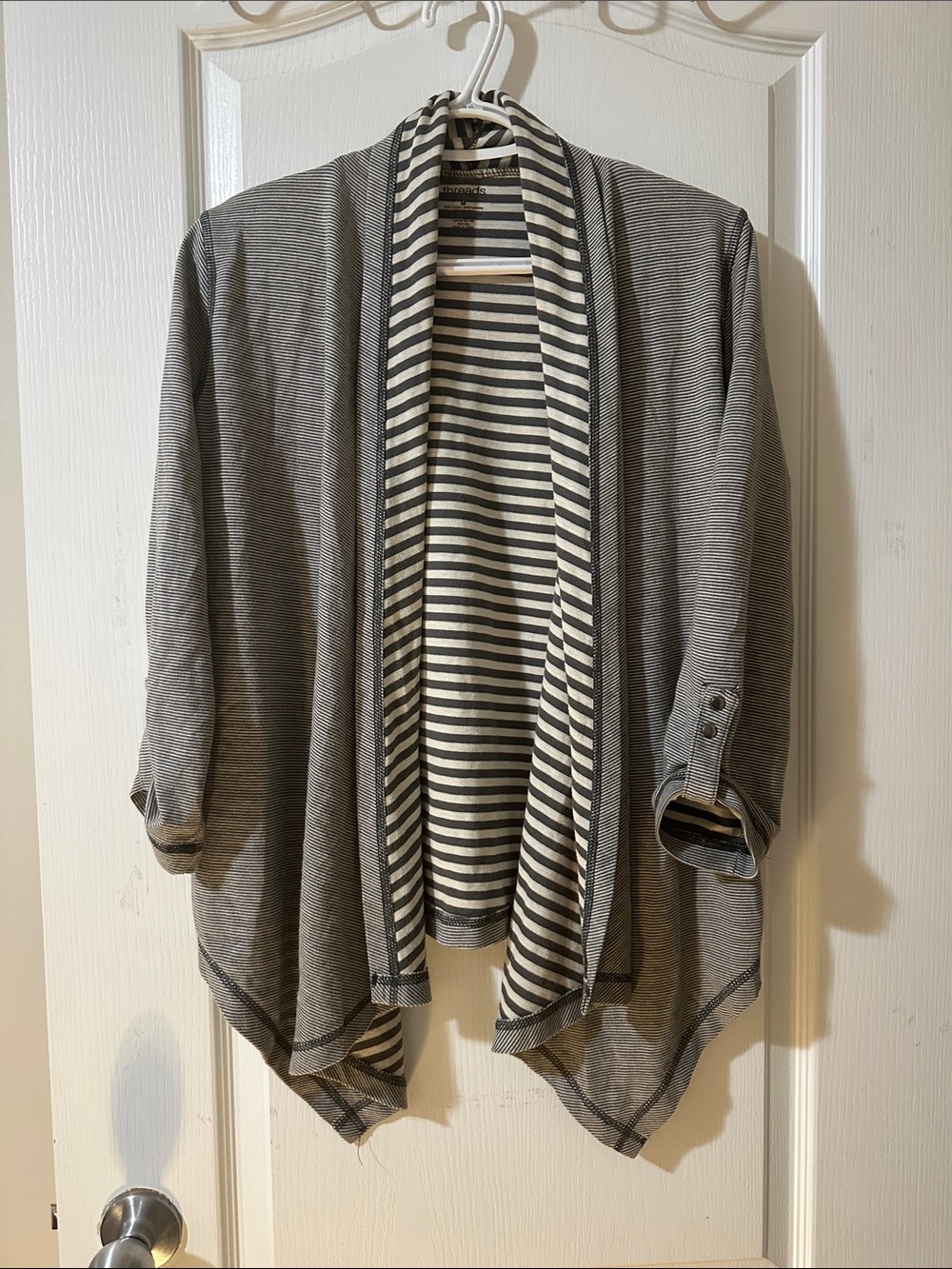 Saks Fifth Avenue Gray and Cream Striped Drape Cardigan